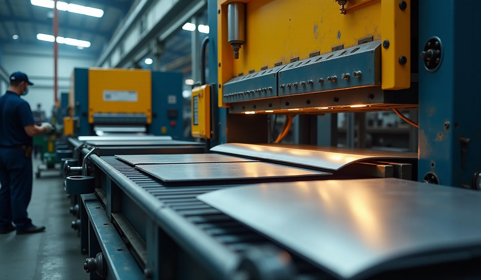 Prasa hydrauliczna tłoczy panele z blachy, obok podajnik taśmy